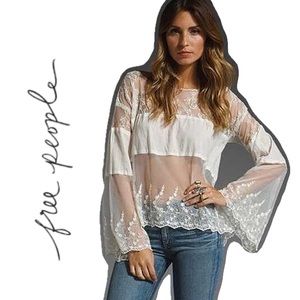 Free People Sheer Angel Wings Bell Sleeve Lace Top MEDIUM